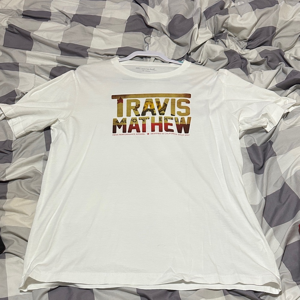 Travis Mathew White Tee with Multicolor Logo